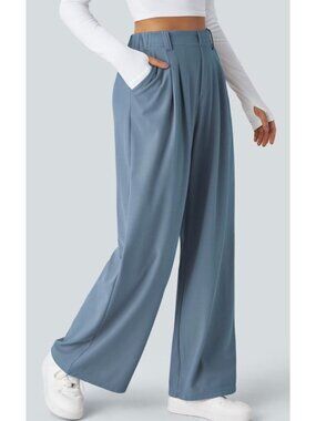 Halara Womens LP Waffle Wide-Leg Pants L Petite Ribbed High-Waist Blue